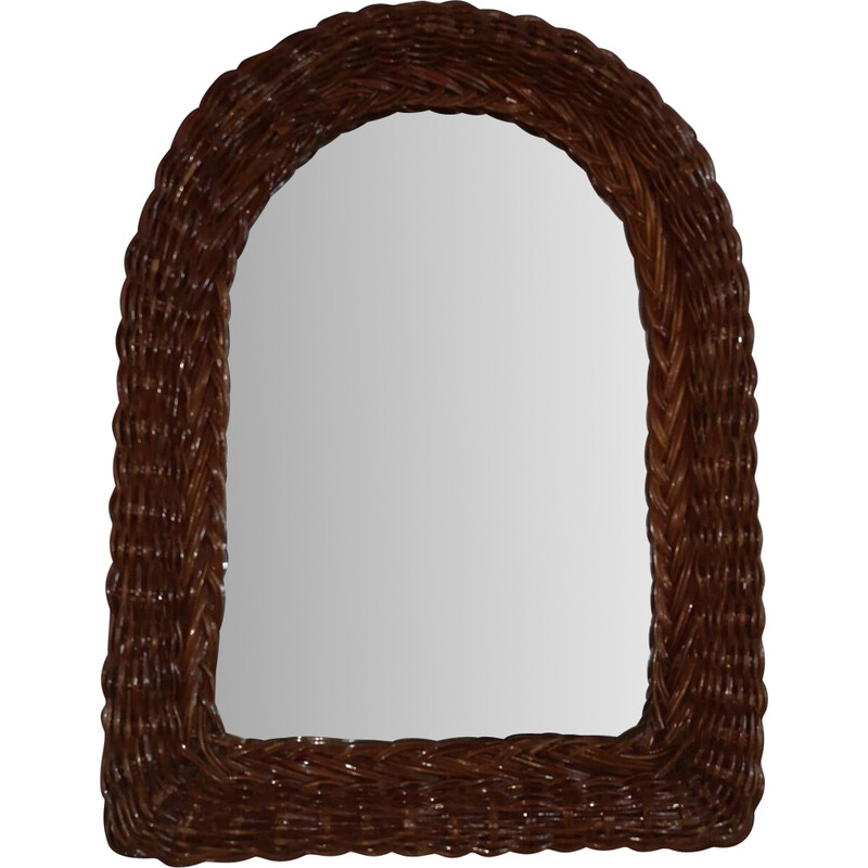 Vintage wall mirror with rattan frame on wood, Italy 1960
