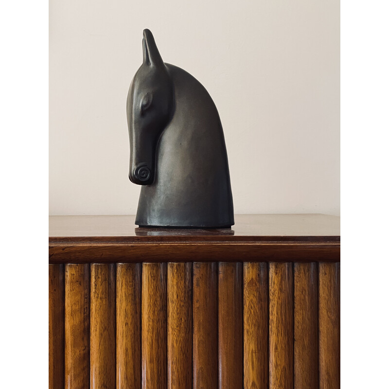 Escultura de cabeza de caballo de loza Art Deco vintage, Francia 1940