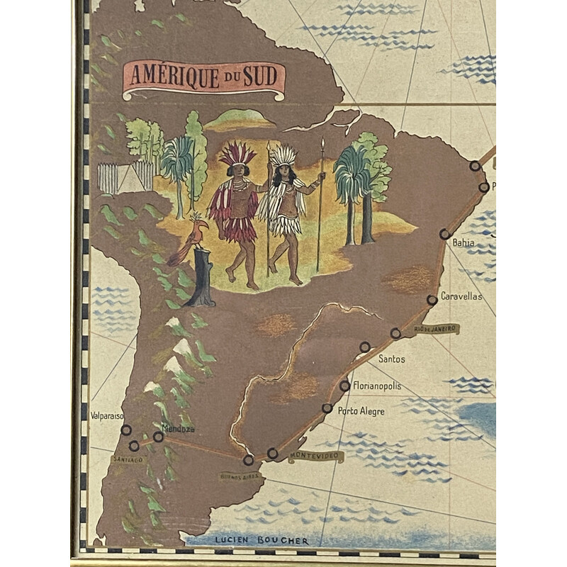 Cartaz da Vintage Air France "Nova et Vetera" mapa de Lucien Boucher, França 1939