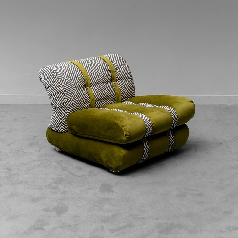 Sillón vintage de terciopelo verde y algodón antimanchas, 1970