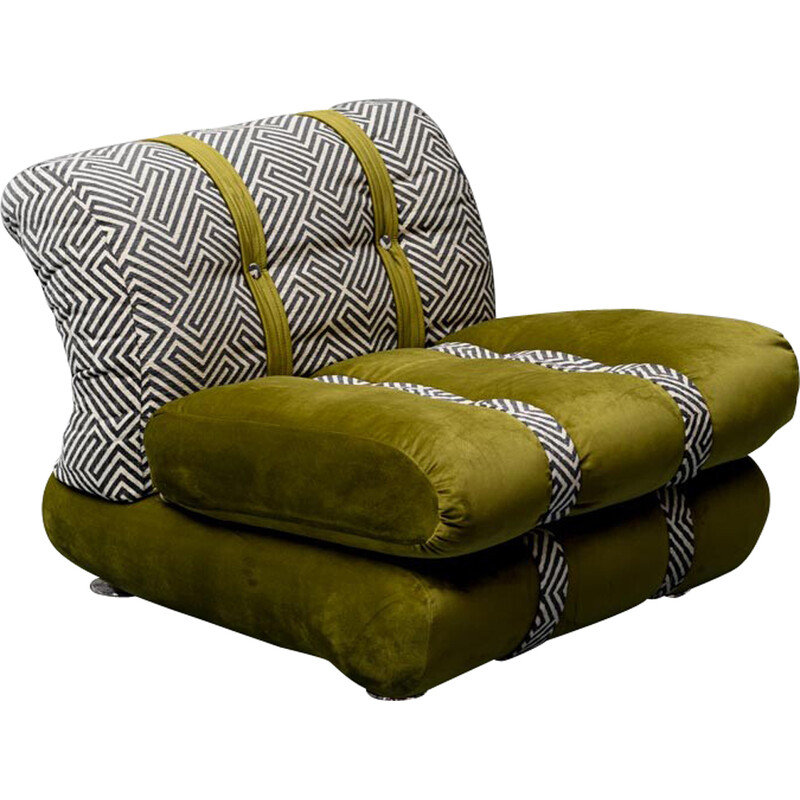 Groene fluwelen en vlekbestendige katoenen vintage fauteuil, 1970