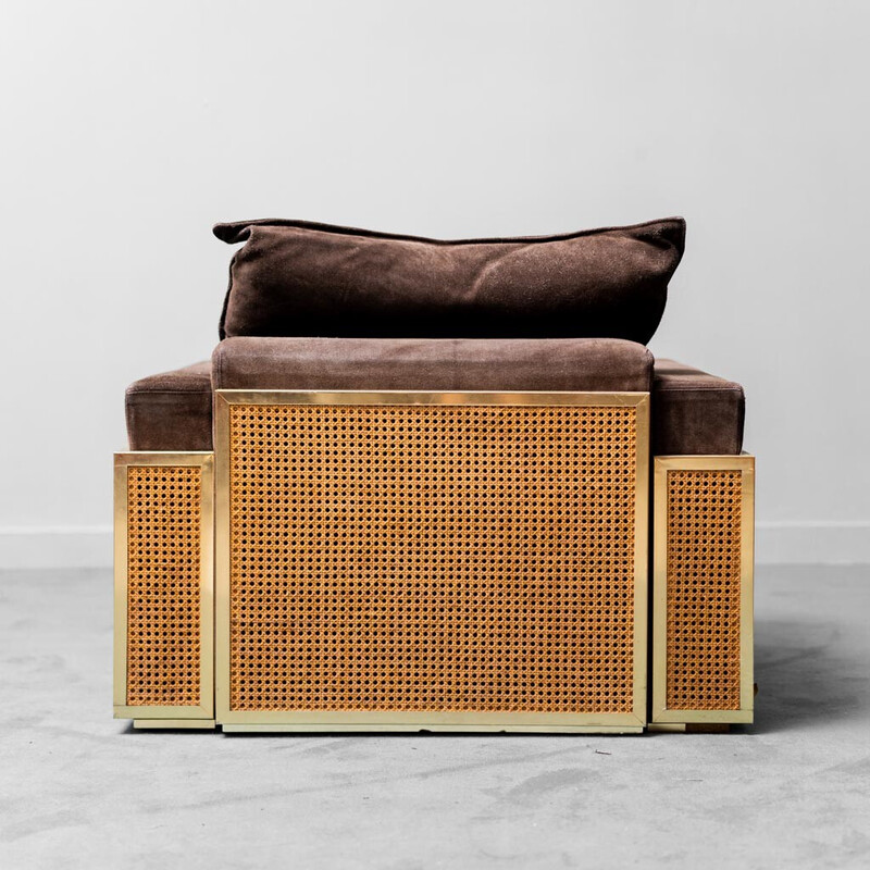 Fauteuil viennois vintage en paille et cuir suédé, 1970