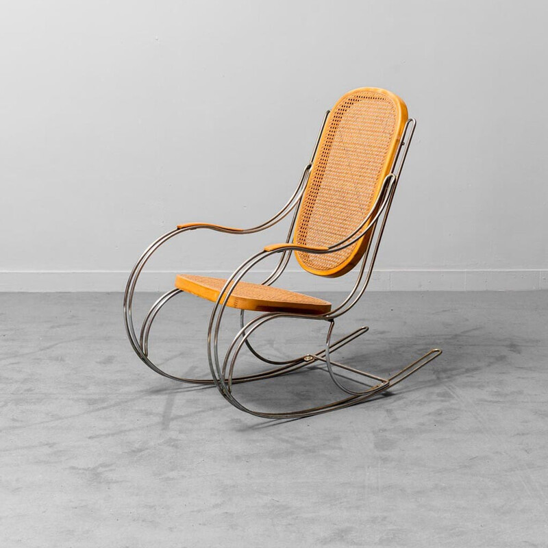 Chaise à bascule vintage en paille de Vienne et acier, 1970