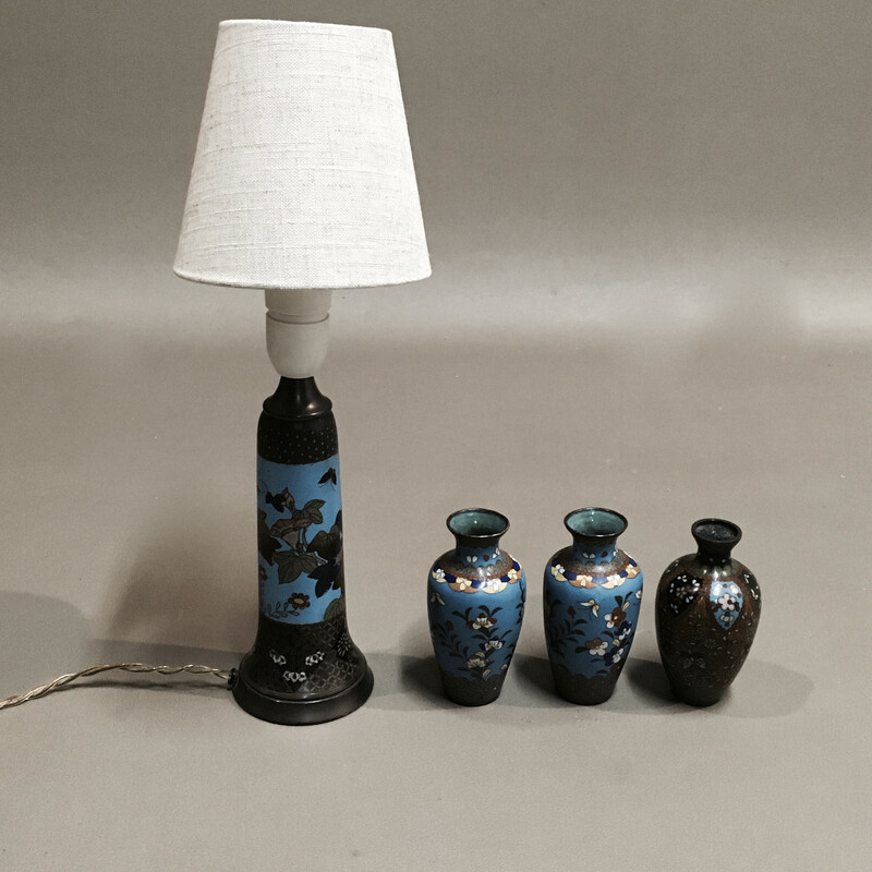 Scandinavische vintage koperen lamp met 3 vazen, 1950