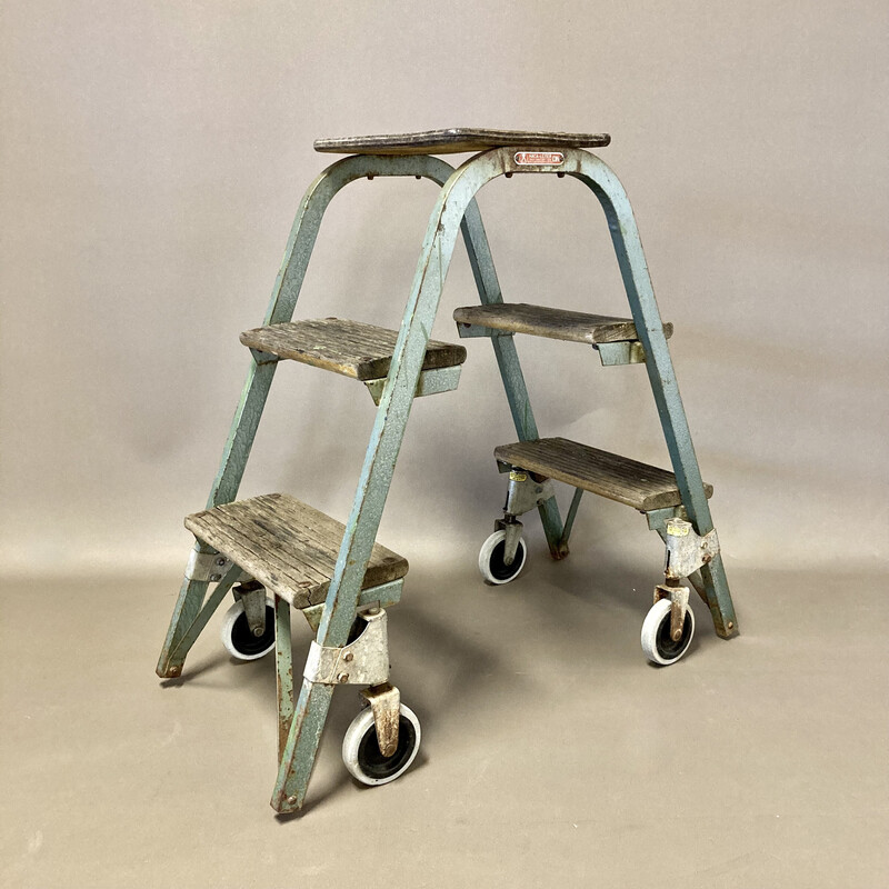 Escabeau roulant vintage en bois et métal, 1950