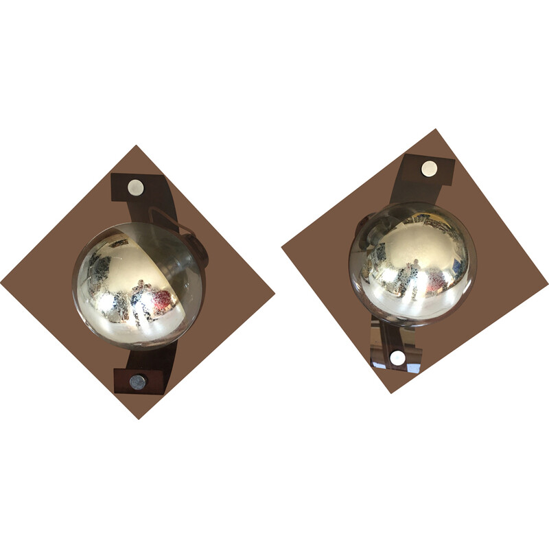 Pair of vintage spherical wall lamps in smoked plexiglas and glass, 1970