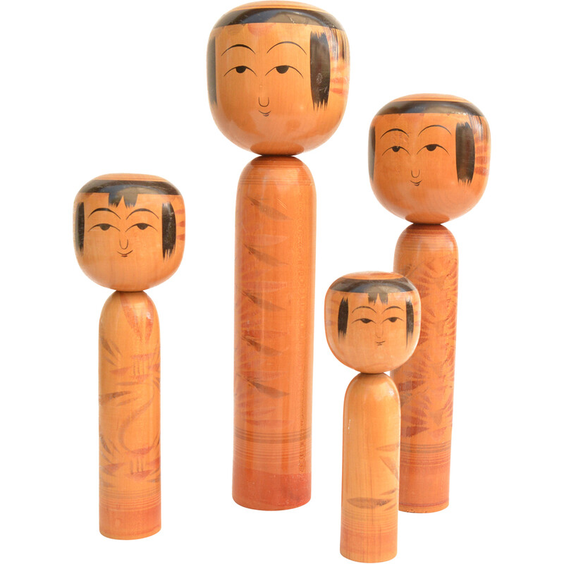 Set von 4 Vintage Kokeshi Puppen aus Holz, Japan 1960