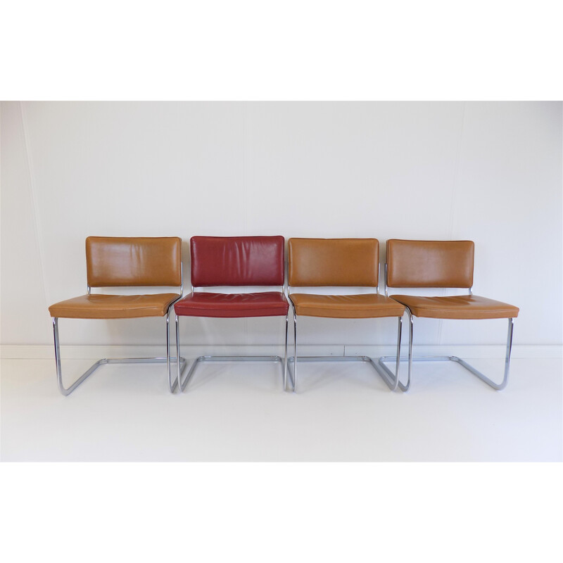 Set of 4 vintage Rh305 chairs in smooth leather by Robert Haussmann for De Sede, 1950