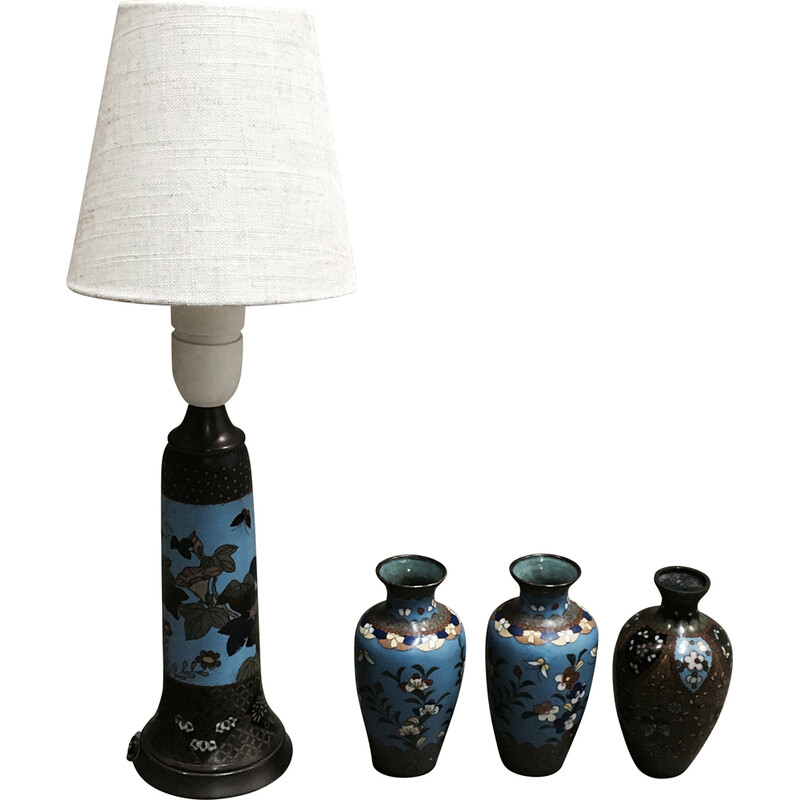Scandinavian vintage brass lamp with 3 vases, 1950