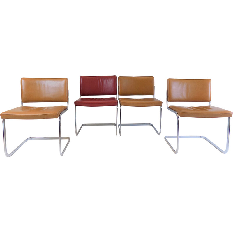 Set of 4 vintage Rh305 chairs in smooth leather by Robert Haussmann for De Sede, 1950