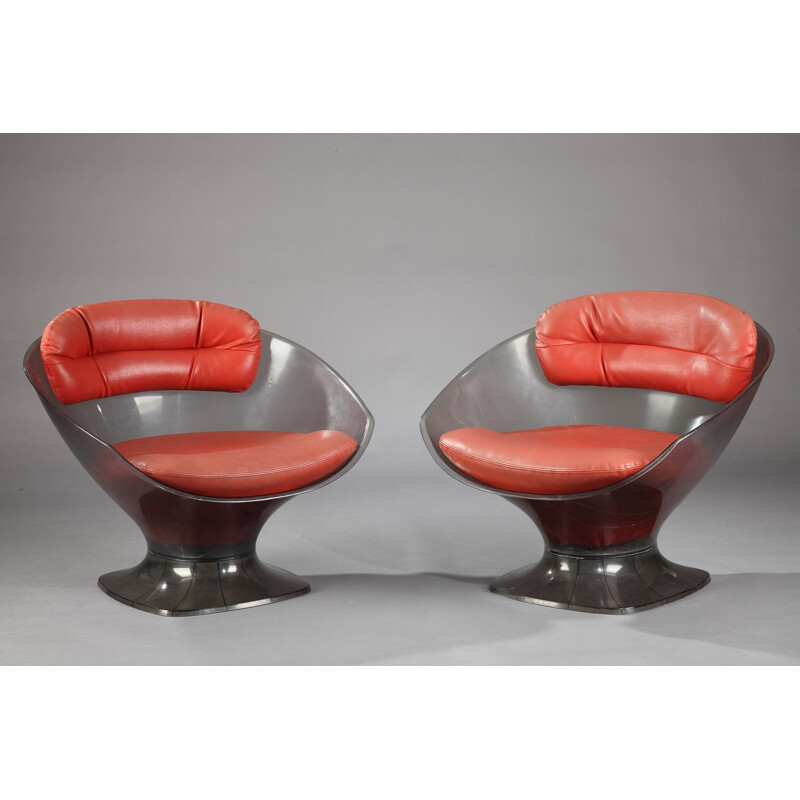 Pair of armchairs in plexiglass and red leather, Raphael RAFFEL - 1960s