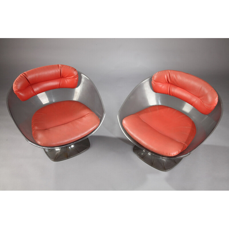 Pair of armchairs in plexiglass and red leather, Raphael RAFFEL - 1960s