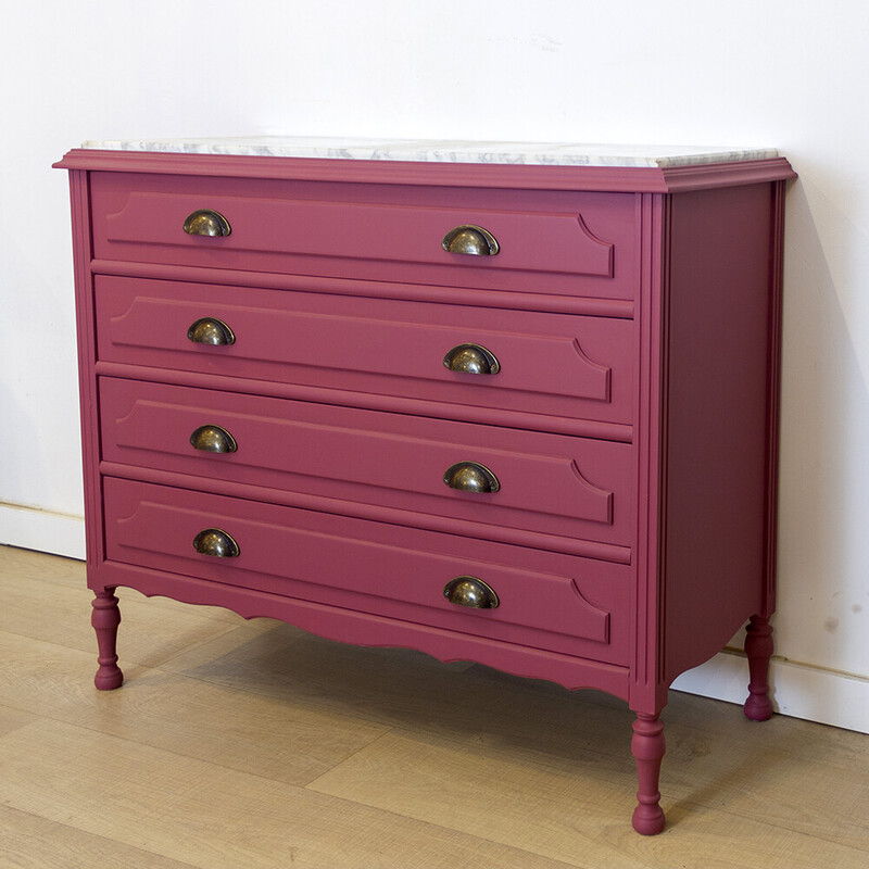 Vintage stained wood and marble chest of drawers, Spain 1960