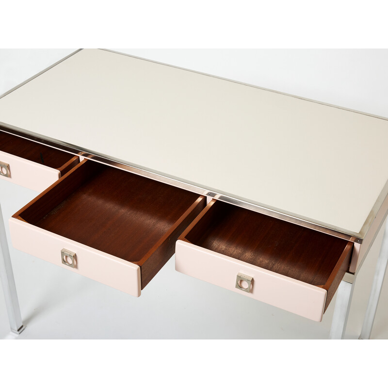 Vintage desk in pale pink lacquer and leather by Guy Lefevre for Maison Jansen, 1970