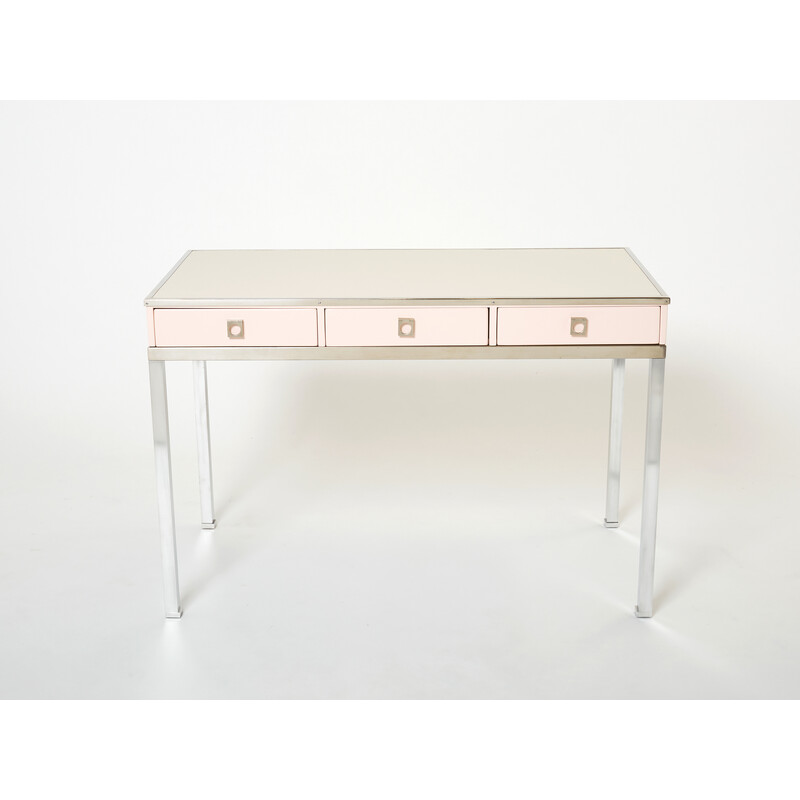 Vintage desk in pale pink lacquer and leather by Guy Lefevre for Maison Jansen, 1970