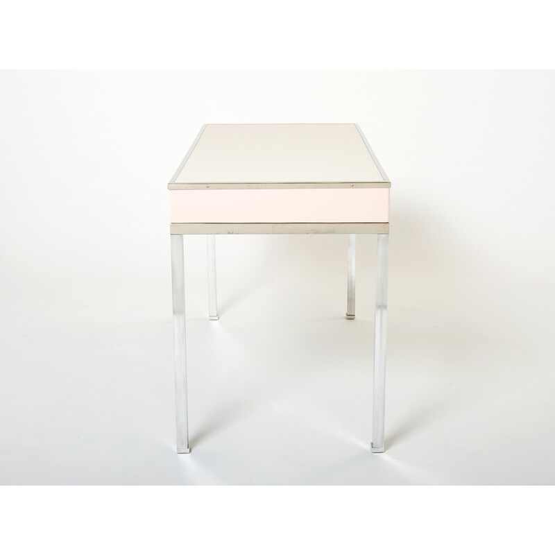 Vintage desk in pale pink lacquer and leather by Guy Lefevre for Maison Jansen, 1970