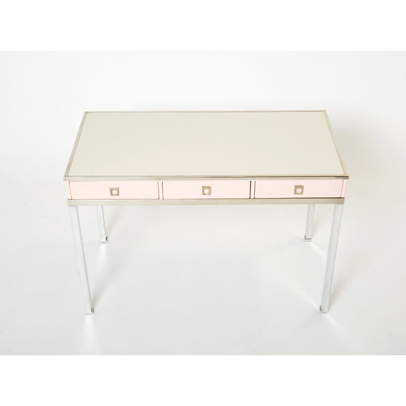 Vintage desk in pale pink lacquer and leather by Guy Lefevre for Maison Jansen, 1970