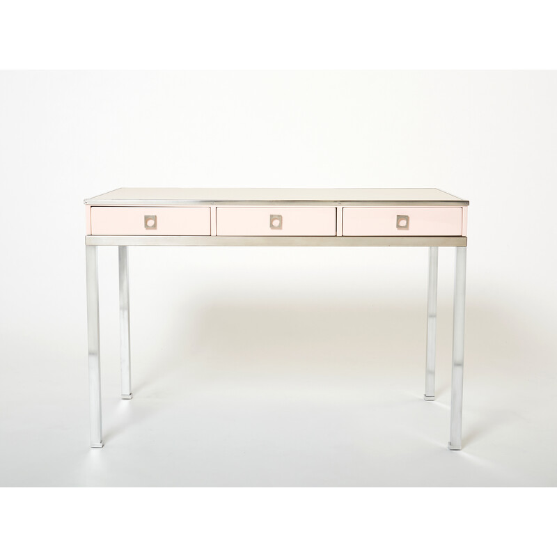 Vintage desk in pale pink lacquer and leather by Guy Lefevre for Maison Jansen, 1970