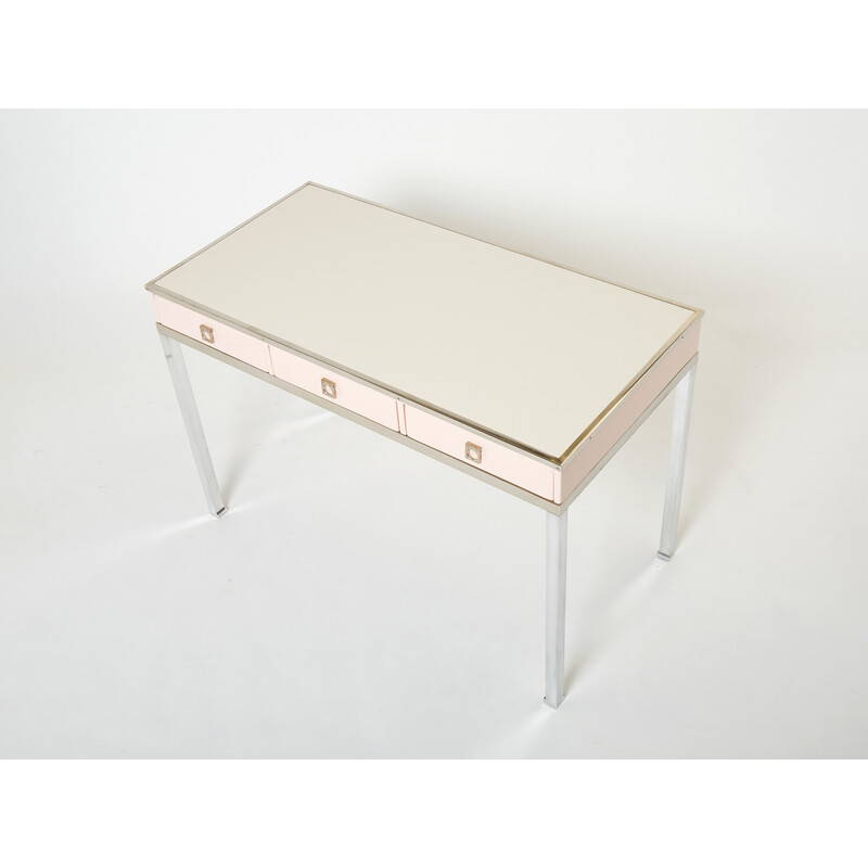 Vintage desk in pale pink lacquer and leather by Guy Lefevre for Maison Jansen, 1970