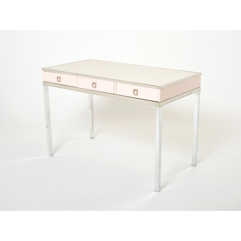 Bureau vintage en laquée rose pâle et cuir de Guy Lefevre pour Maison Jansen, 1970