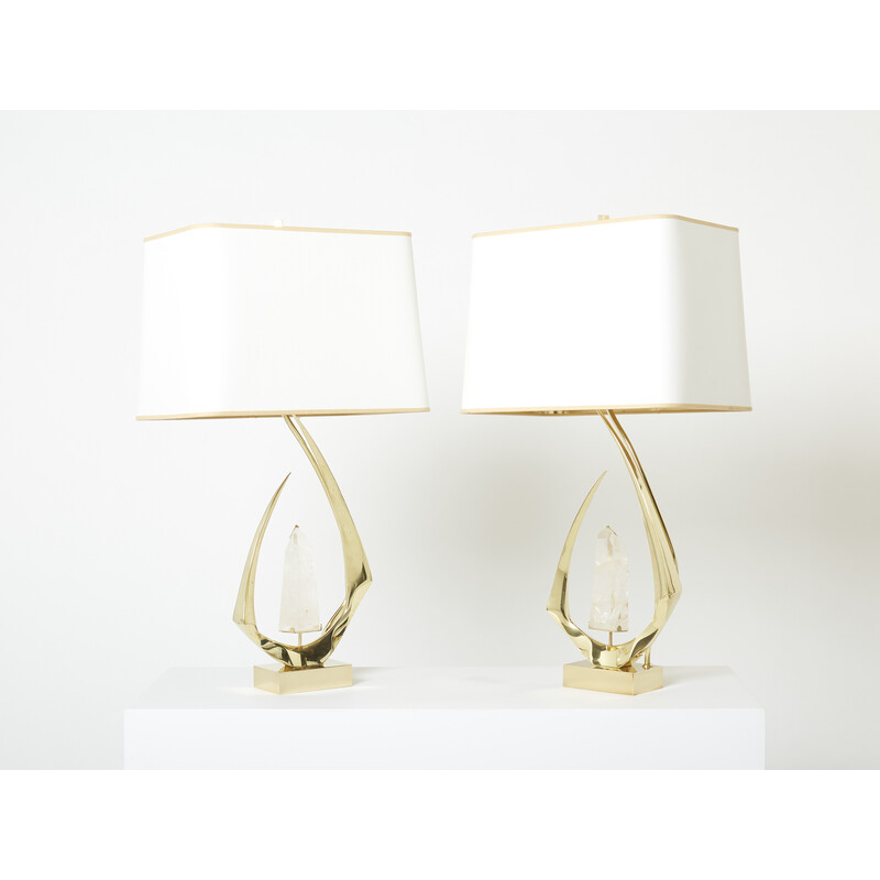 Pair of vintage brass and rock crystal lamps by Willy Daro, 1970