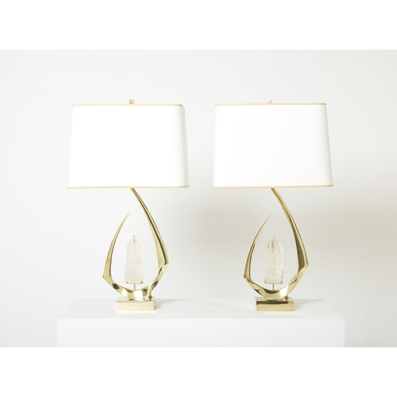 Pair of vintage brass and rock crystal lamps by Willy Daro, 1970
