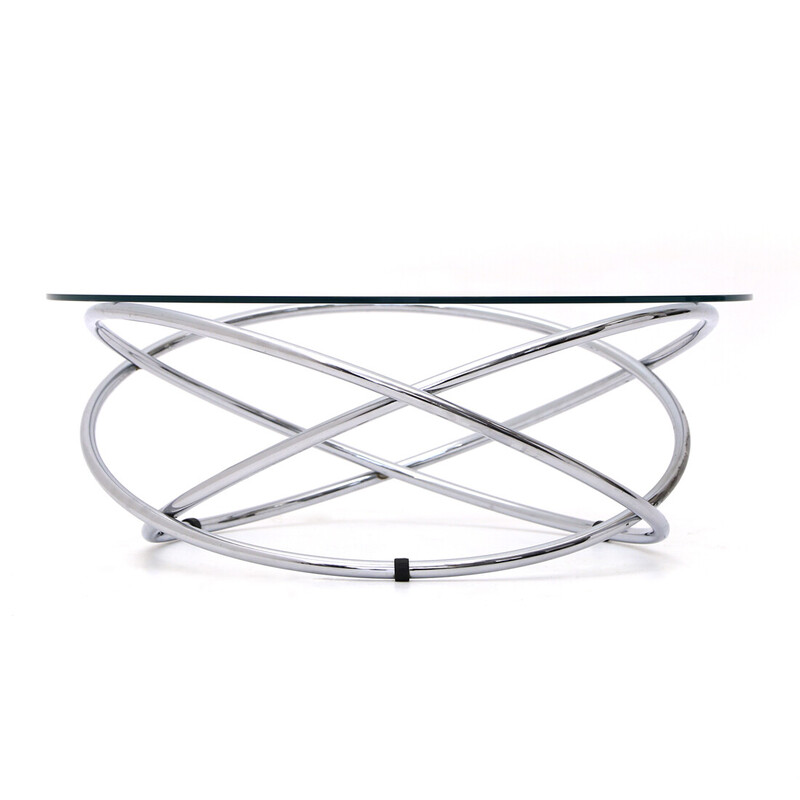 Vintage round coffee table in chromed metal and glass top, 1970s