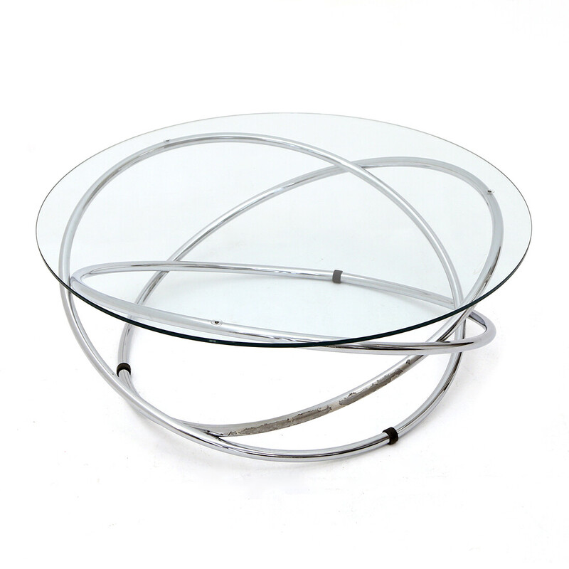 Vintage round coffee table in chromed metal and glass top, 1970s