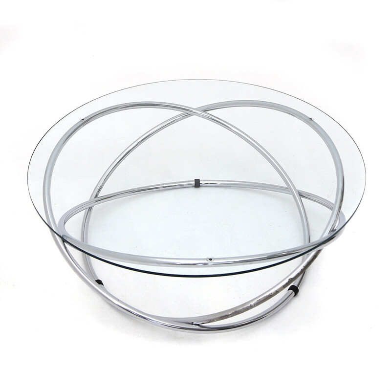 Vintage round coffee table in chromed metal and glass top, 1970s