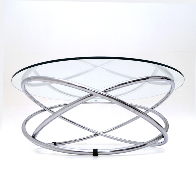 Vintage round coffee table in chromed metal and glass top, 1970s