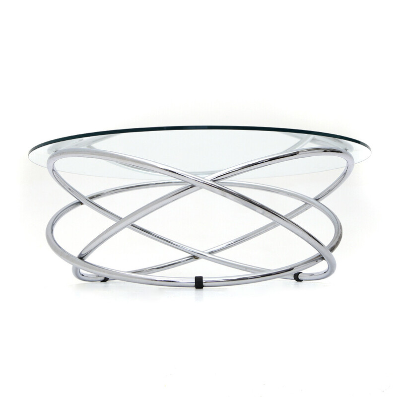 Vintage round coffee table in chromed metal and glass top, 1970s