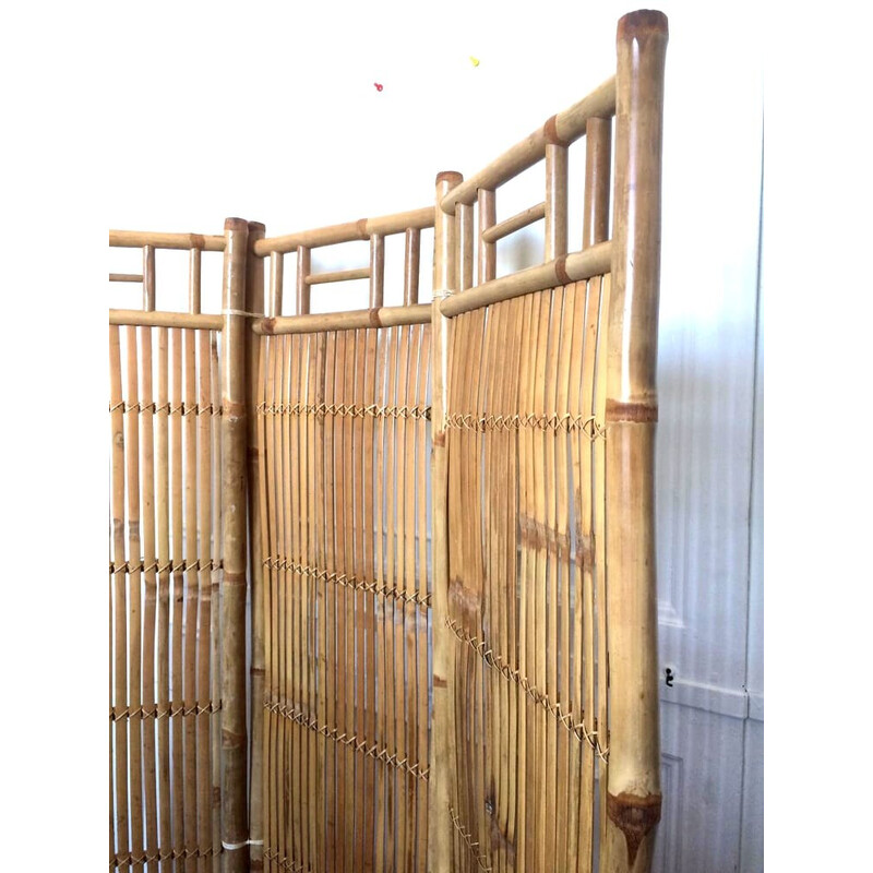 Biombo vintage de bambú con tres paneles, 1960