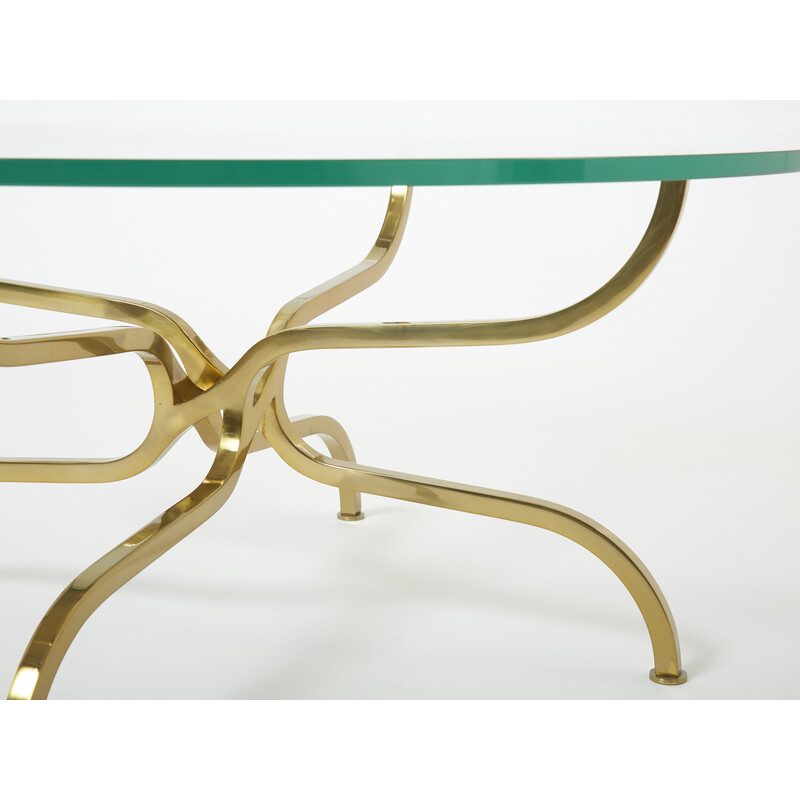 Table basse vintage en laiton doré et verre de Georges Geffroy, 1960