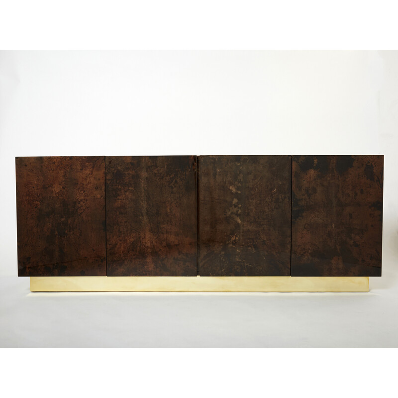 Vintage brown parchment and brass sideboard by Aldo Tura, Italy 1960