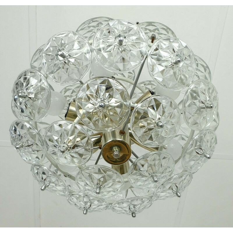 Lampadario sputnik vintage con 32 prismi di vetro sfaccettato, 1960