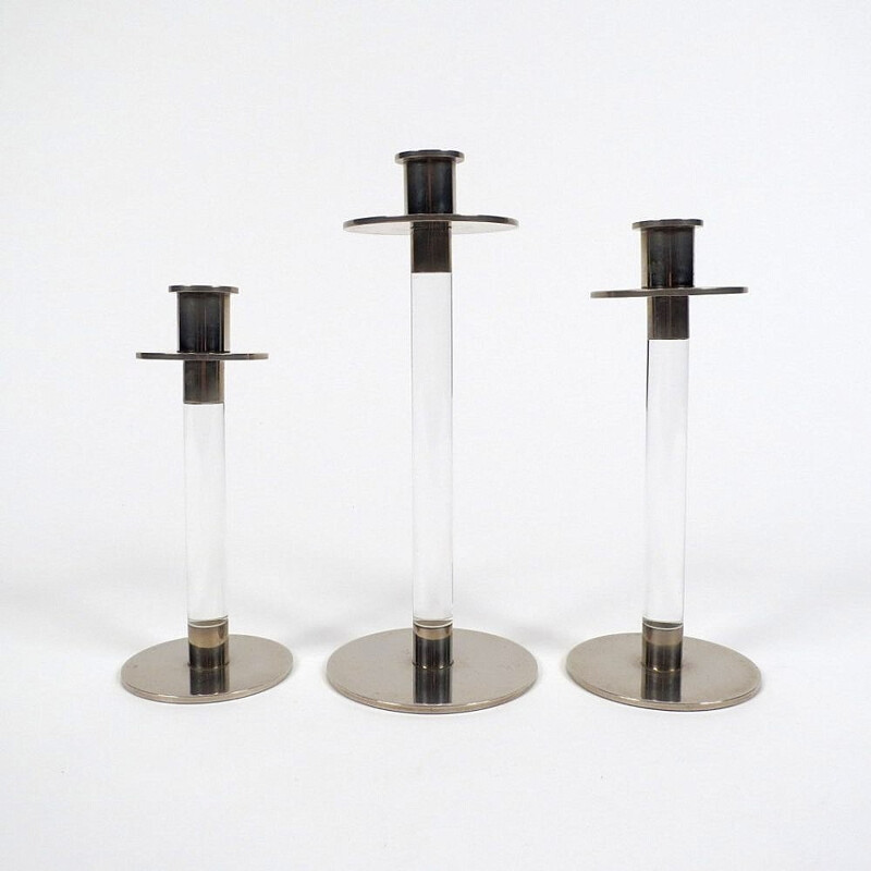 Set of 3 lucite and steel candle holders - 1970s