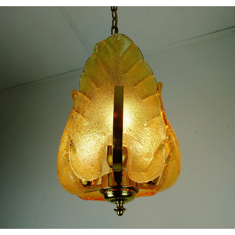 Vintage brass and amber glass chandelier by Carl Fagerlund for Orrefors, Sweden 1960
