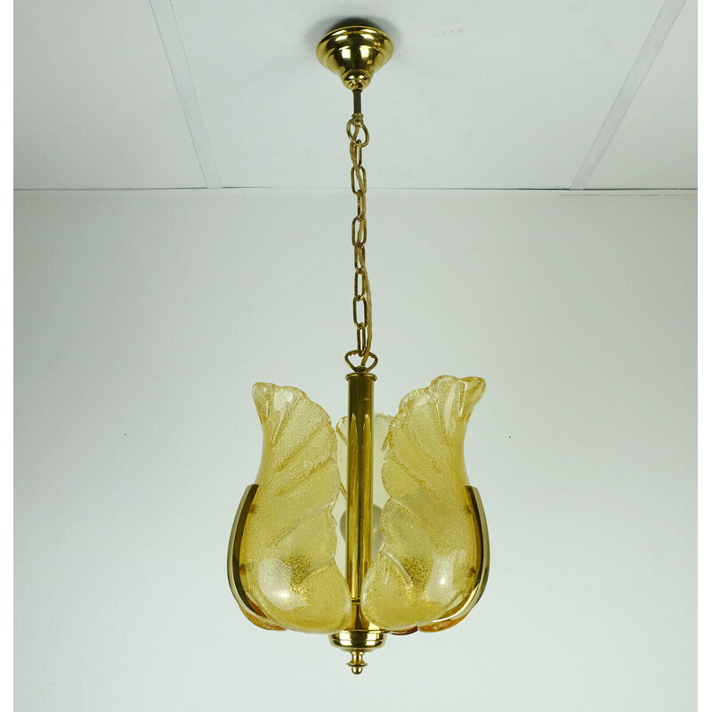 Vintage brass and amber glass chandelier by Carl Fagerlund for Orrefors, Sweden 1960