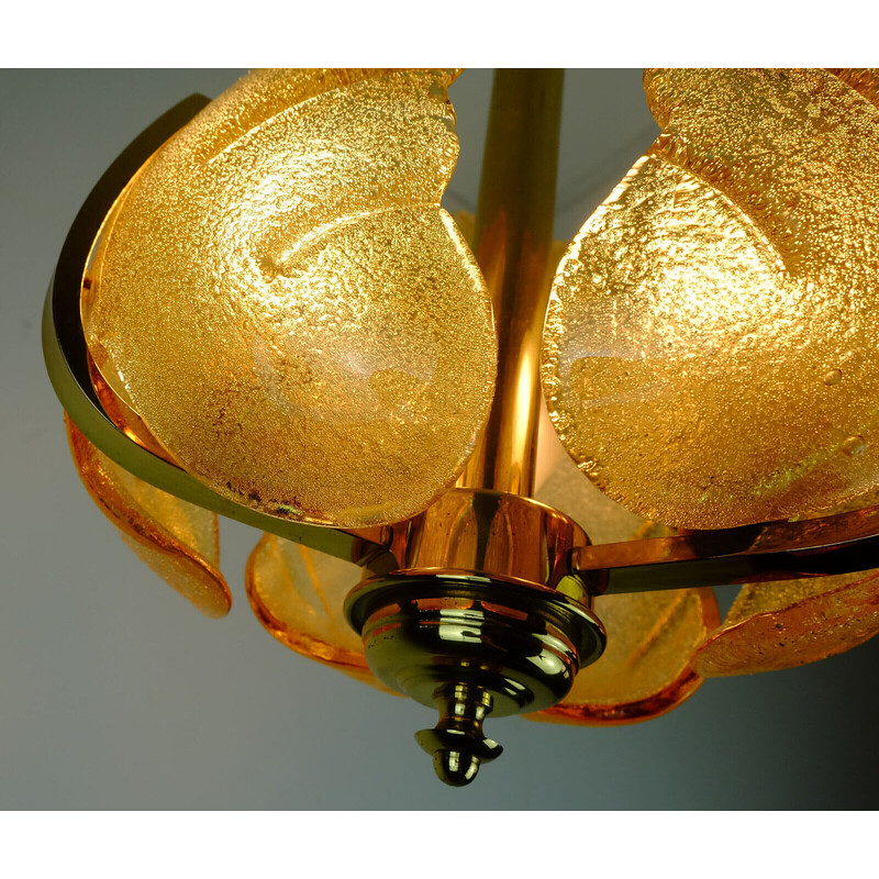 Vintage brass and amber glass chandelier by Carl Fagerlund for Orrefors, Sweden 1960