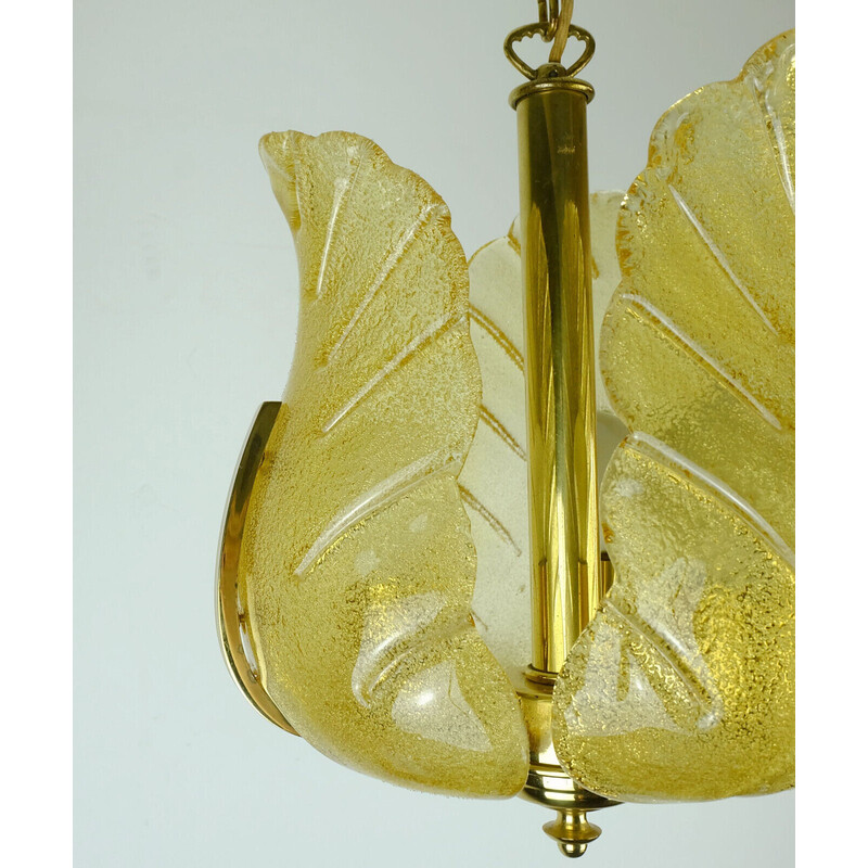 Vintage brass and amber glass chandelier by Carl Fagerlund for Orrefors, Sweden 1960