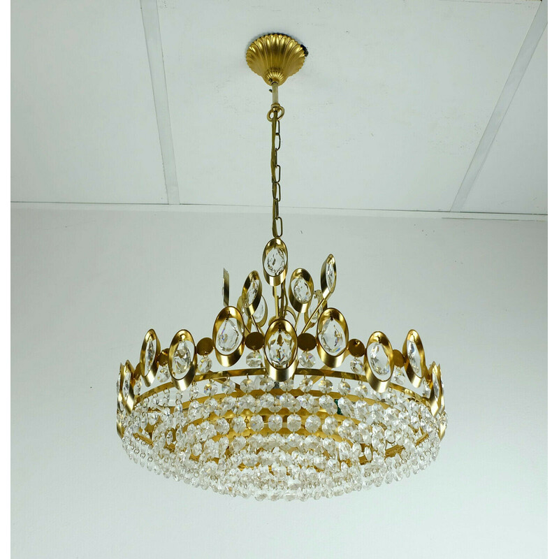 Vidro de cristal vintage e lustre de latão dourado de Palwa, Alemanha Ocidental 1960