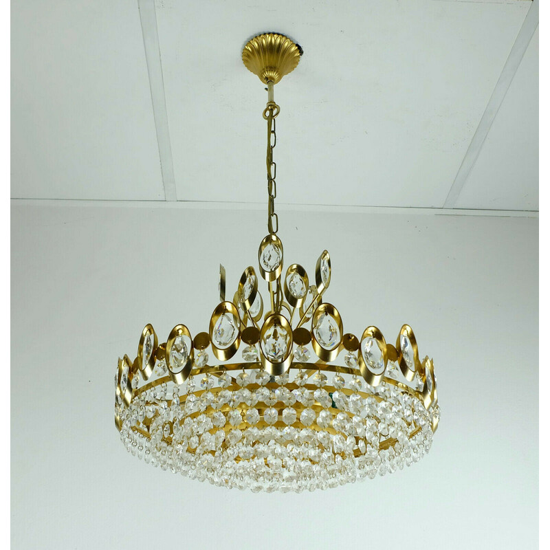 Mid century chandelier in crystal glass and gilt brass by Palwa, West-Germany 1960s