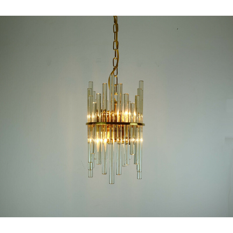 Vintage chandelier in gilt brass and glass rods by Christoph Palme Leuchten, 1960s