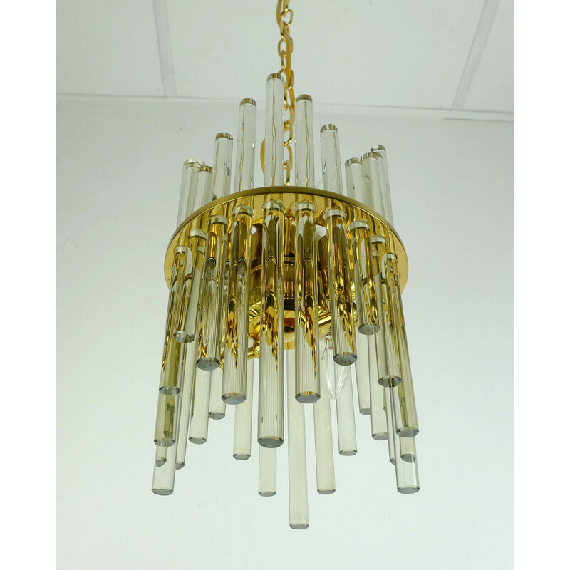 Lampadario vintage in ottone dorato e bacchette di vetro di Christoph Palme Leuchten, 1960