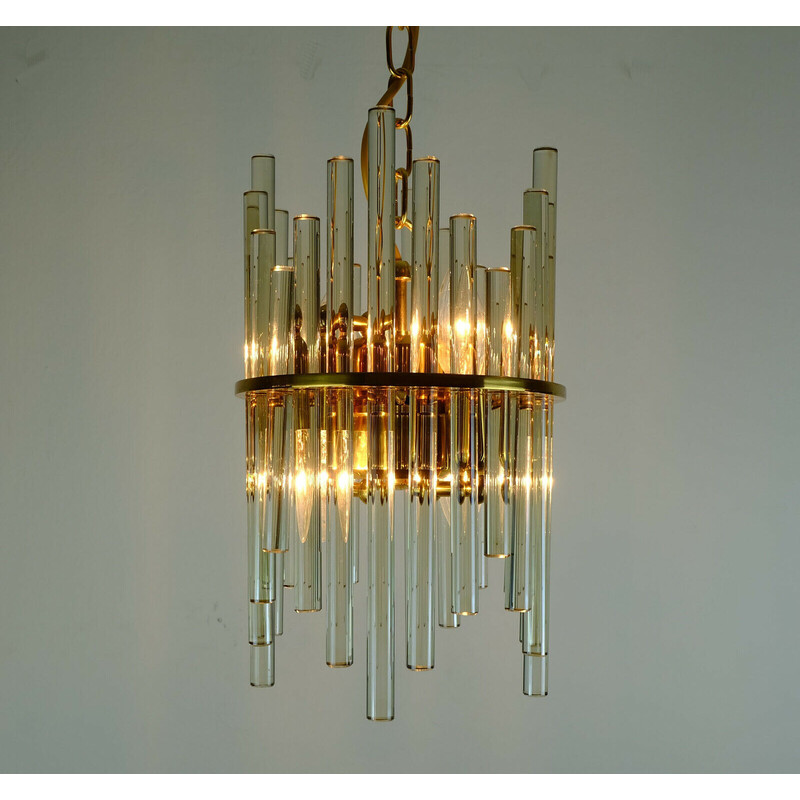Vintage chandelier in gilt brass and glass rods by Christoph Palme Leuchten, 1960s