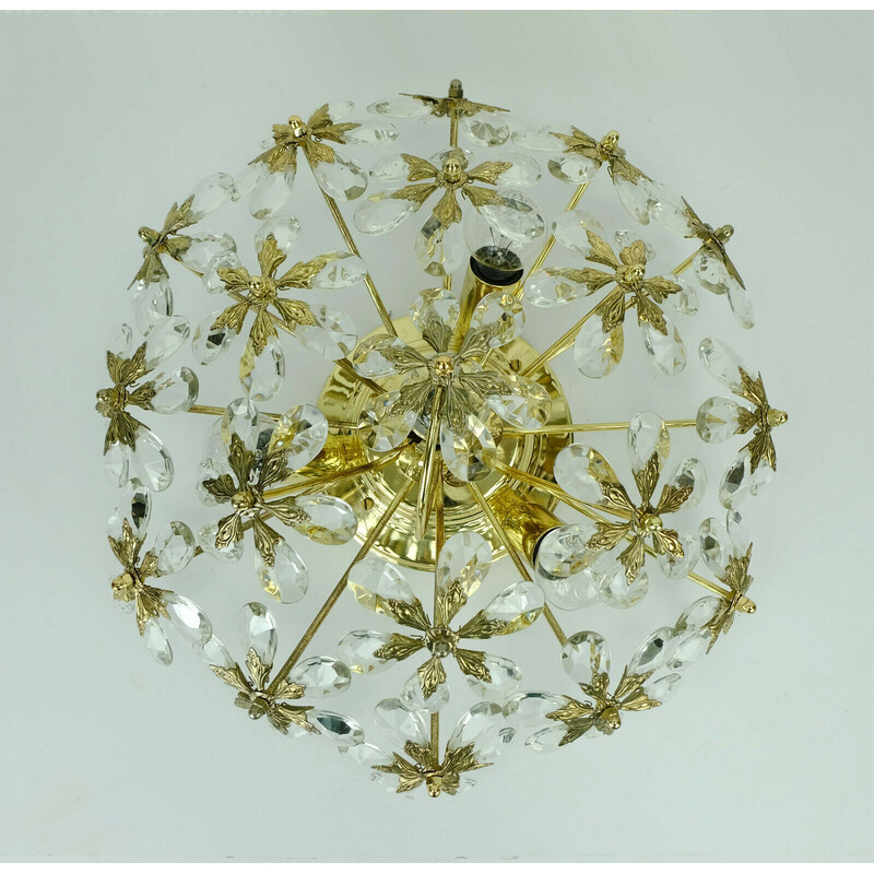 Vintage ceiling lamp in glass crystals and gilt brass by Palwa, 1970s