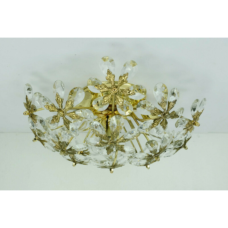 Vintage ceiling lamp in glass crystals and gilt brass by Palwa, 1970s