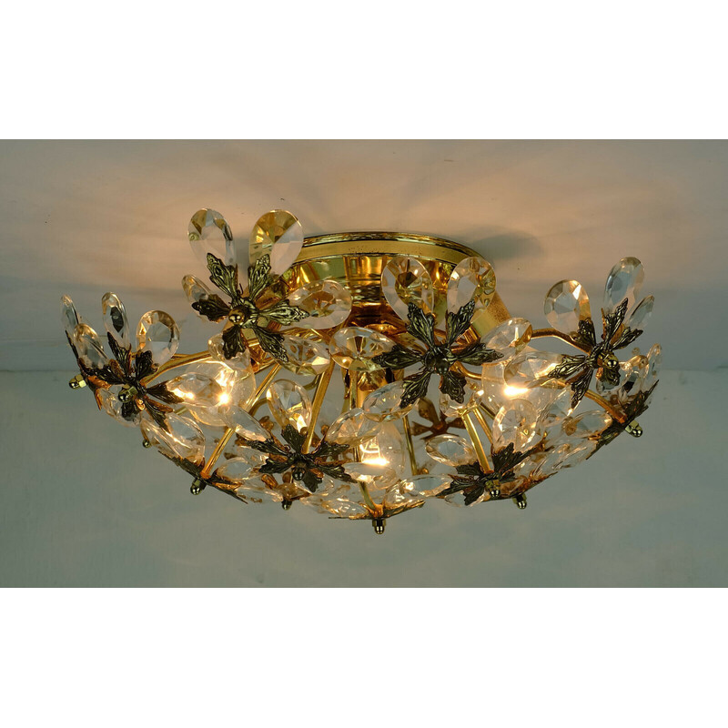 Vintage ceiling lamp in glass crystals and gilt brass by Palwa, 1970s