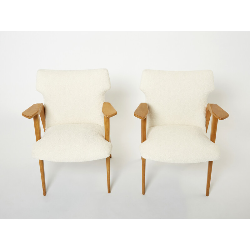 Pair of vintage compass armchairs in oakwood and bouclette wool by Roger Landault, 1950