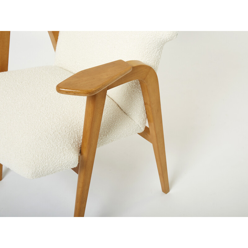 Pair of vintage compass armchairs in oakwood and bouclette wool by Roger Landault, 1950